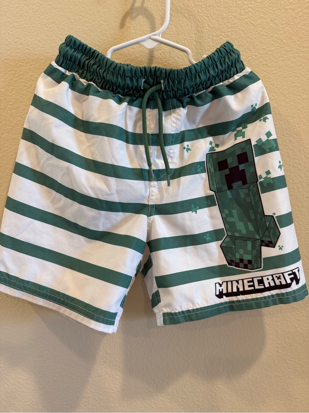 Minecraft Kids Green Stripe Swim Trunks with Creeper Graphic
